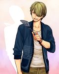  1boy blonde_hair facial_hair goatee hair_over_one_eye male male_focus one_piece sanji shirt smoking solo spatula sweater white_shirt yuu_(1969loy) 