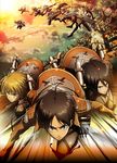  5boys annie_leonhardt armin_arlert asano_kyouji black_hair blonde_hair boots christa_renz connie_springer dual_wielding duplicate emblem eren_yeager foreshortening holding jean_kirchstein mikasa_ackerman multiple_boys multiple_girls official_art paradis_military_uniform ponytail sasha_braus shingeki_no_kyojin sunset three-dimensional_maneuver_gear training_corps_(emblem) 