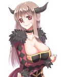  &gt;:) argyle breasts brown_hair choker cleavage emappo fur_trim horns large_breasts long_hair long_sleeves maou_(maoyuu) maoyuu_maou_yuusha nervous red_eyes smile solo sweatdrop v-shaped_eyebrows white_background 