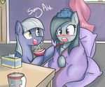  black_hair blackswhites blanket blinkie_pie_(mlp) duo english_text equine female friendship_is_magic good grey_hair hair horse icepack inkie_pie_(mlp) inside mammal my_little_pony pillow pony purple_eyes soup tea text tissue yellow_eyes 