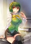  arm_support bow business green_hair headset idolmaster idolmaster_(classic) mole mole_under_mouth otonashi_kotori pen sitting solo tenkuu_sphere thighhighs 