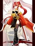  bare_shoulders dahlia_ogrest greaves horns pillarboxed pixiv_fantasia pixiv_fantasia_new_world ponytail red-eyes_macadamiachoco red_eyes red_hair side_slit solo sword thighhighs weapon zoom_layer 