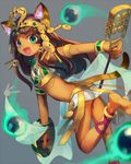  :d animal_ears ankle_lace-up anklet barefoot bastet_(p&amp;d) blurry brown_hair cat_ears cat_tail cross-laced_footwear crown dark_skin depth_of_field egyptian fangs green_eyes instrument jewelry me_(mikannu) midriff open_mouth puzzle_&amp;_dragons sistrum smile tail 