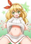  :d akou_roushi alternate_costume barefoot blonde_hair clothes_lift ellen green_eyes groin hairband long_hair looking_at_viewer navel open_mouth ribbed_sweater shirt_lift sitting skirt smile star sweat sweater sweater_lift touhou touhou_(pc-98) wariza 