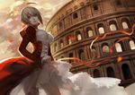  aestus_domus_aurea ahoge ask_(askzy) blonde_hair breasts cleavage colosseum dress fate/extra fate_(series) green_eyes hair_ribbon large_breasts looking_at_viewer nero_claudius_(fate) nero_claudius_(fate)_(all) open_mouth petals red_dress ribbon rome solo 