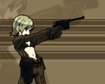  bikini_top black_gloves blonde_hair cosplay eva_(mgs) eva_(mgs)_(cosplay) flat_chest gloves gumdrop gun handgun holster jumpsuit mauser_c96 metal_gear_(series) metal_gear_solid_3 metal_gear_solid_4 navel open_clothes pistol short_hair shouting solo sunny_gurlukovich weapon zoom_layer 