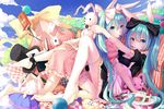  all_fours animal_ears aqua_eyes aqua_hair arms_around_neck bow codec007 dual_persona food hair_bow hat hatsune_miku legs_up long_hair looking_at_viewer multiple_girls pocky stuffed_animal stuffed_toy thighhighs twintails very_long_hair vocaloid 