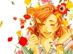  anemone_(flower) blush bracelet brown_hair carnation closed_eyes dareoma earrings facing_viewer flower foxglove jewelry jojo_no_kimyou_na_bouken kuujou_holly lipstick makeup open_mouth petals polka_dot red_carnation red_flower smile solo tulip upper_body wing_collar 