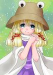  alice-8778 blonde_hair dress gradient gradient_background hair_ribbon hands_clasped hat head_tilt heart high_collar long_hair long_sleeves moriya_suwako own_hands_together rain ribbon sidelocks smile solo touhou wide_sleeves 