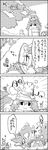  3girls 4koma arrow bow bow_(weapon) cirno comic daiyousei from_behind greyscale hair_bow hair_ribbon hat highres letty_whiterock lily_white long_hair monochrome multiple_girls o_o open_mouth ribbon scarf side_ponytail smile snow snowman substitution_technique surprised tani_takeshi touhou translation_request tree walking weapon yukkuri_shiteitte_ne |_| 