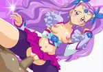  1girl areolae blush breasts censored earrings elbow_gloves gloves hair_ornament highres jewelry long_hair looking_at_viewer milky_rose mimino_kurumi navel nipples no_bra no_panties penis precure purple_hair red_eyes sex sitting sitting_on_person smile team_almond torn_clothes tsunapiko vaginal yes!_precure_5 