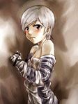  bare_shoulders blush bodysuit brown_eyes cosplay embarrassed flat_chest ikuyoan metal_gear_(series) metal_gear_solid_3 metal_gear_solid_4 short_hair silver_hair solo sunny_gurlukovich the_boss the_boss_(cosplay) undressing 