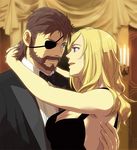  1girl arms_around_neck beard big_boss black_dress blue_eyes breasts brown_hair cleavage couple dress eva_(mgs) eye_contact eyepatch eyeshadow facial_hair formal green_eyes hetero hinoe_(dd_works) hug large_breasts looking_at_another makeup metal_gear_(series) metal_gear_solid_3 suit 