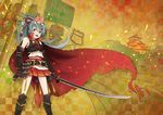  animal animal_on_head aqua_eyes aqua_hair armor belt cape cat checkered checkered_background facial_hair gauntlets gloves greaves hatsune_miku japanese_armor katana kusazuri long_hair mustache on_head ponytail road_sign sign skirt solo sword traffic_light vocaloid weapon wogura 