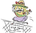  blonde_hair chain-link_fence chibi drawfag facial_hair fence gloves hat jumping lowres mexican mustache pantyhose poncho solo sombrero touhou white_legwear yakumo_yukari 