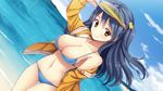  16:9 1girl beach bikini black_hair blue_bikini boku_ga_tenshi_ni_natta_wake breasts fujimaru_(bluebrand) game_cg hair_ornament jacket large_breasts long_hair looking_at_viewer ocean solo swimsuit visor wakamatsu_minamo water yellow_eyes 