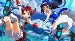  2girls akane ass belt bike_shorts blue_eyes blue_hair boots brown_hair cameltoe cloud feathers futaba_aoi_(vividred_operation) gloves hairband hand_holding hat highres huge_ass isshiki isshiki_akane long_hair looking_at_viewer multiple_girls official_art open_mouth red_eyes red_hair short_hair shorts skirt sky smile twintails vividred vividred_operation wallpaper 