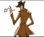  commentary cuffs from_behind hand_on_hip handcuffs hat letterboxed looking_back lupin_iii male_focus naya_gorou rariatto_(ganguri) sideburns smirk solo spinning trench_coat white_background zenigata_kouichi 