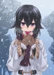  black_hair blush box coat eyebrows_visible_through_hair gift gloves hair_between_eyes hair_flaps heart-shaped_box holding holding_gift konohana_enishi long_sleeves looking_at_viewer mittens original outdoors purple_eyes scarf sengoku_aky short_hair smile snow solo valentine winter_clothes 