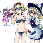  adjusting_eyewear alice_margatroid apron bespectacled blonde_hair blue_eyes boots bow box bra braid breasts brown_eyes cleavage collarbone crescent dress floating glasses glasses_case hair_bow hat hat_ribbon headband kirisame_marisa long_hair looking_at_another looking_at_viewer medium_breasts mob_cap multiple_girls musical_note nanashii_(soregasisan) panties patchouli_knowledge puffy_short_sleeves puffy_sleeves purple_hair ribbon robe shadow short_hair short_sleeves simple_background single_braid smile touhou underwear underwear_only vest waist_apron whistling white_background witch_hat wrist_cuffs 
