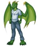  anthro blue-eyed-salamander clothing dog_tags dragon fursona green_skin horn hybrid looking_at_viewer pants plain_background reptile scalie shirt snake talons white_background wings yellow_eyes 