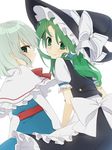  alice_margatroid alice_margatroid_(cosplay) apron capelet cosplay green_eyes green_hair hat hat_ribbon kirisame_marisa kirisame_marisa_(cosplay) kochiya_sanae long_hair looking_at_viewer multiple_girls ribbon shirt short_sleeves smile soga_no_tojiko touhou tsuno_no_hito white_background 