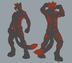  anthro back balls biceps black_fur body_markings butt claws fangs feline flaccid flexing fur grey_background grey_fur looking_at_viewer male mammal markings model_sheet muscles no_swift nude paws pecs penis plain_background pose red_eyes red_fur red_nose sabertooth sheath solo standing stripes tiger toned 