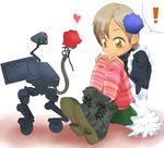  1girl apron bangs boots brown_eyes flower hair_flower hair_ornament heart kyo_s leg_hug mecha metal_gear_(series) metal_gear_mk._ii metal_gear_solid_4 pantyhose parted_bangs rose short_hair shorts silver_hair striped striped_legwear sunny_gurlukovich 