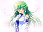  ^_^ bare_shoulders blush breasts closed_eyes detached_sleeves expressive_clothes frog_hair_ornament green_hair hair_ornament hair_tubes kochiya_sanae large_breasts long_hair open_mouth osashin_(osada) smile snake_hair_ornament solo touhou upper_body 