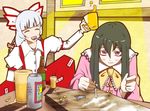  alcohol alison_(alison_air_lines) beer black_hair blush bow cigarette cocaine drugs fujiwara_no_mokou hair_ribbon houraisan_kaguya long_hair looking_at_viewer multiple_girls pill purple_eyes razor ribbon silver_hair smile smoking suspenders touhou 