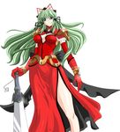  blue_eyes breasts dress elbow_gloves from_below fuchi gloves green_hair headdress kagashima_itsuki long_hair mahou_senshi_elixir_knights medium_breasts red_dress solo sword weapon white_background 