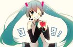  39 aqua_eyes aqua_hair bad_id bad_pixiv_id detached_sleeves grin hatsune_miku headset heart heart_hands kashiko_(coupy) long_hair necktie no_nose one_eye_closed simple_background skirt smile solo twintails very_long_hair vocaloid 