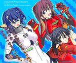  3girls angry animal_ears artist_request aruruw ayanami_rei ayanami_rei_(cosplay) black_hair blue_eyes blue_hair blush bodysuit brown_eyes collar cosplay cross dog_ears dutch_angle female hair_tubes highres hug jacket jewelry karura_(utawareru_mono) katsuragi_misato katsuragi_misato_(cosplay) konoekatana long_hair multiple_girls necklace neon_genesis_evangelion open_clothes open_mouth open_shirt plugsuit purple_hair shirt soryu_asuka_langley soryu_asuka_langley_(cosplay) tail touka_(utawareru_mono) translation_request utawareru_mono wink 