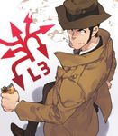  black_hair cigarette dress_shirt hat juice_box lupin_iii male_focus necktie shirt sideburns smoking solo toujou_sakana trench_coat zenigata_kouichi 