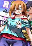  :d black_hair blush bow breast_grab breasts brown_hair covered_nipples grabbing grabbing_from_behind green_eyes kousaka_honoka large_breasts long_hair love_live! love_live!_school_idol_project multiple_girls nipple_tweak off_shoulder one_side_up open_mouth otonokizaka_school_uniform school_uniform shirt short_hair skirt smile strap_slip sweater_vest t-shirt toujou_nozomi tsuzuri_(tuzuri) yuri 