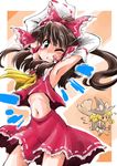  absurdres armpits bow brown_eyes brown_hair detached_sleeves hair_bow hakurei_reimu highres kirisame_marisa multiple_girls shinapuu touhou 