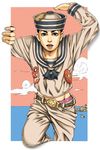  black_hair clothes_writing dixie_cup_hat fourth_wall hat higashikata_jousuke_(jojolion) highres jojo_no_kimyou_na_bouken jojolion male_focus military_hat sailor saitou_nekoichi solo 