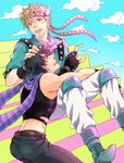  askr_(mymy) black_hair blonde_hair caesar_anthonio_zeppeli cloud crop_top facial_mark feathers fingerless_gloves gloves green_eyes green_jacket hair_feathers hand_on_another's_head headband jacket jojo_no_kimyou_na_bouken joseph_joestar_(young) midriff multiple_boys pointing scarf 