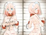  aqua_eyes bdsm blue_eyes blush body_writing breast_press breasts chain collar cutoff_line dotted_line english engrish error height_chart lineup maid_headdress meat_chart medium_breasts mugshot multiple_views nude original pink_hair ranguage sideways_mouth sign takagi_(tansuke) tansuke 