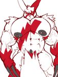  angry biceps black_nipples claws cursedmarked frown fur grey_nipples hyper looking_at_viewer male muscles nintendo nipples nude pecs plain_background pok&#233;mon pok&eacute;mon red_eyes red_fur solo vein video_games white_background white_fur zangoose 