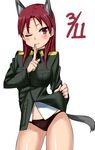  animal_ears blush breasts dated finger_to_mouth komusou_(jinrikisha) long_hair long_sleeves medium_breasts military military_uniform minna-dietlinde_wilcke navel one_eye_closed panties red_eyes red_hair ribbon smile solo strike_witches tail underwear uniform world_witches_series 