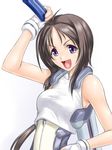  :d ^jj^ arm_up bare_shoulders brown_hair fingerless_gloves gloves highres kyoukaisenjou_no_horizon long_hair open_mouth oriotorai_makiko purple_eyes smile solo sword weapon white_background 