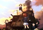  black_hair broken brown_hair bunny caterpillar_tracks cloud emblem flag girls_und_panzer glasses grass ground_vehicle long_hair m3_lee maruyama_saki medium_tank military military_uniform military_vehicle motor_vehicle multiple_girls neogeon ooarai_military_uniform oono_aya sakaguchi_karina sawa_azusa short_hair sky smoke tank uniform utsugi_yuuki yamagou_ayumi 