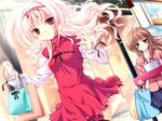  1girl ahoge akina_suzutsuki bag blue_eyes brown_hair carrying dress flat_chest game_cg hair_ribbon hairband kanojo_tachi_no_ryuugi long_hair miyama-zero non-web_source otoko_no_ko outdoors pink_hair red_eyes ribbon shopping skirt smile togetsu_kotarou turtleneck wavy_hair 