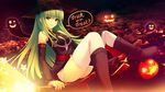  arched_back bangs broom broom_riding c.c. code_geass coffee-kizoku detached_sleeves eyebrows_visible_through_hair green_hair halloween hat jack-o'-lantern long_hair pumpkin sitting solo star thighhighs trick_or_treat wallpaper white_legwear witch_hat 