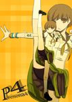  axe_kick bike_shorts clothes_around_waist high_kick kamo_kamen kicking long_legs persona persona_4 satonaka_chie school_uniform short_hair solo split standing standing_on_one_leg standing_split sweater sweater_around_waist tomboy upskirt wristband zoom_layer 