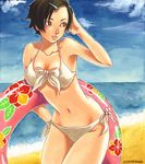  1girl arm_up artist_name bad_id bad_pixiv_id beach bikini black_hair cloud cloudy_sky collarbone day hair_ornament hairclip halterneck hand_on_own_hip innertube leaning_forward lipstick looking_to_the_side makeup nabeya_sakihana navel ocean original outdoors short_hair side-tie_bikini_bottom sky smile solo swim_ring swimsuit traditional_media white_bikini 