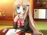  blue_eyes bow brown_hair game_cg hair_ornament hairclip little_busters! long_hair na-ga noumi_kudryavka pink_bow school_uniform solo 