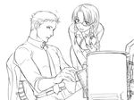  1girl bespectacled couple crossover esaka glasses greyscale hetero hong_meiling krizalid m.u.g.e.n monochrome office_lady sketch the_king_of_fighters touhou 