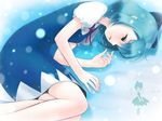  blue_hair bow bowtie cirno dress feet_out_of_frame fetal_position hair_ribbon lips lying ribbon short_hair snow solo touhou wings yori_(shitsuon) 